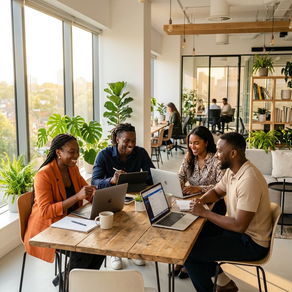 Professionals collaborating in a modern workspace